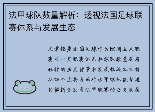 法甲球队数量解析：透视法国足球联赛体系与发展生态
