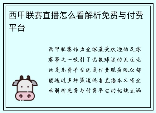 西甲联赛直播怎么看解析免费与付费平台